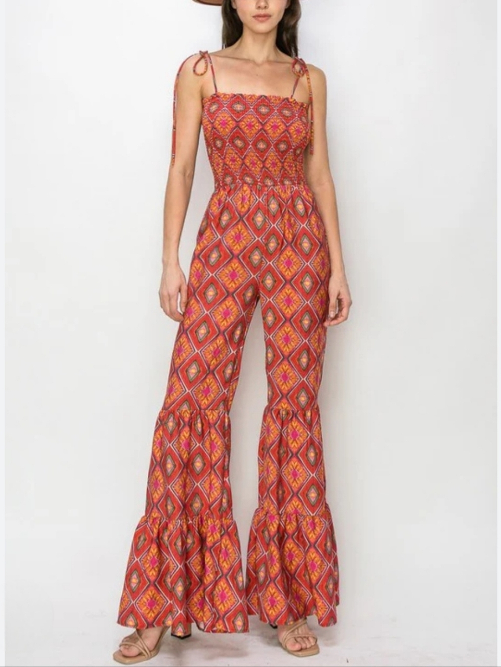 Wisteria Lane Boho Design Tie-Strap Flare Leg Jumpsuit, SIZE S